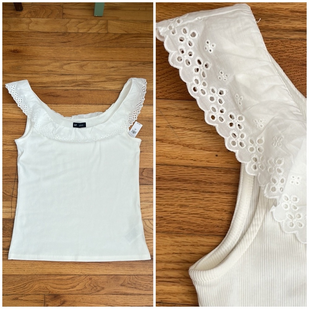 GAP Eyelet Ruffle Neck Ribbed Tank Top - Picture 3 of 13